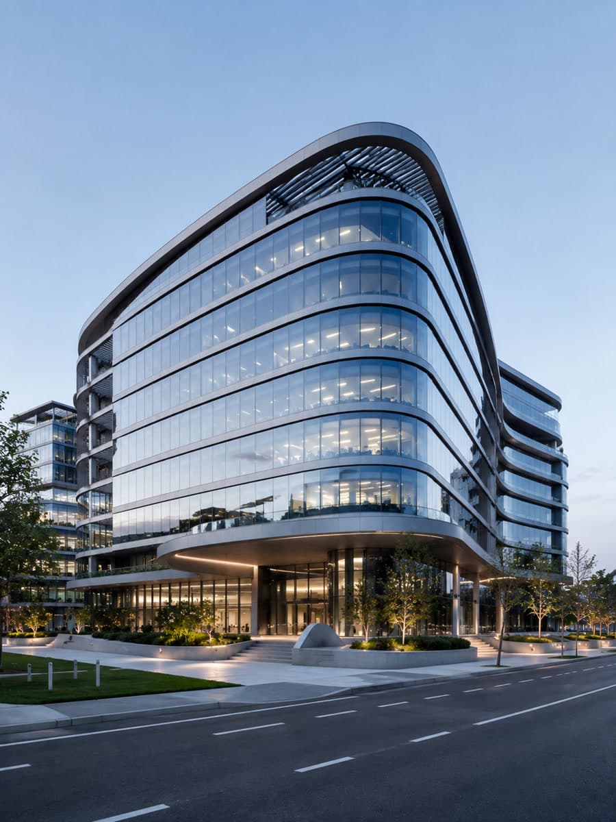 A curved glass office building above its landscaped approach