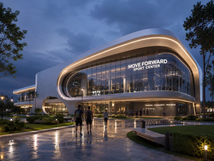 A curved glass sport and retail centre lit at dusk