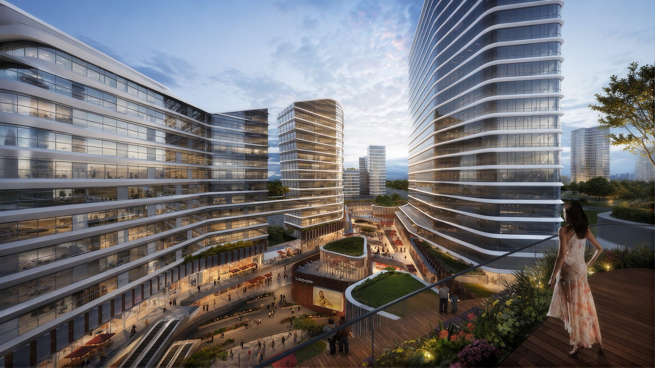 A woman on a planted terrace looking over a lit shopping district between curved office towers