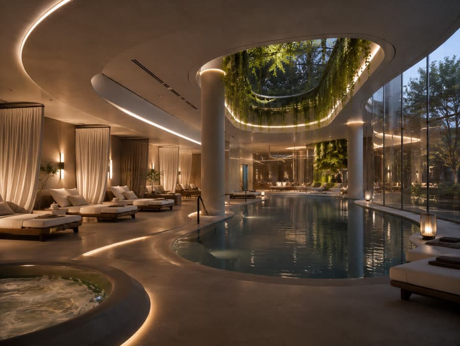 An indoor spa pool and loungers beneath a planted atrium