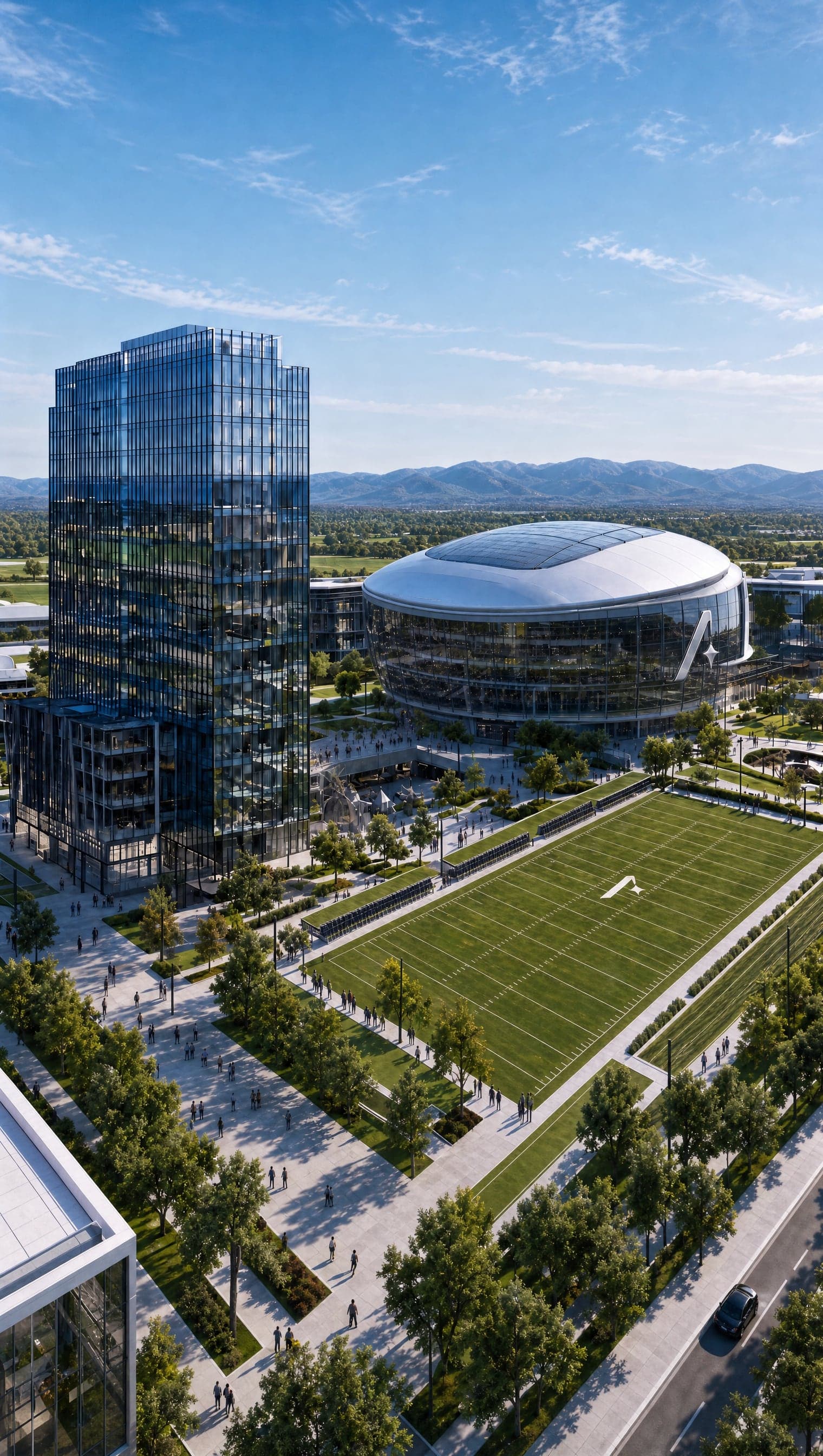 A sports district by day: a glass office tower beside a domed stadium and a full-size practice field, both marked with the AllStar star