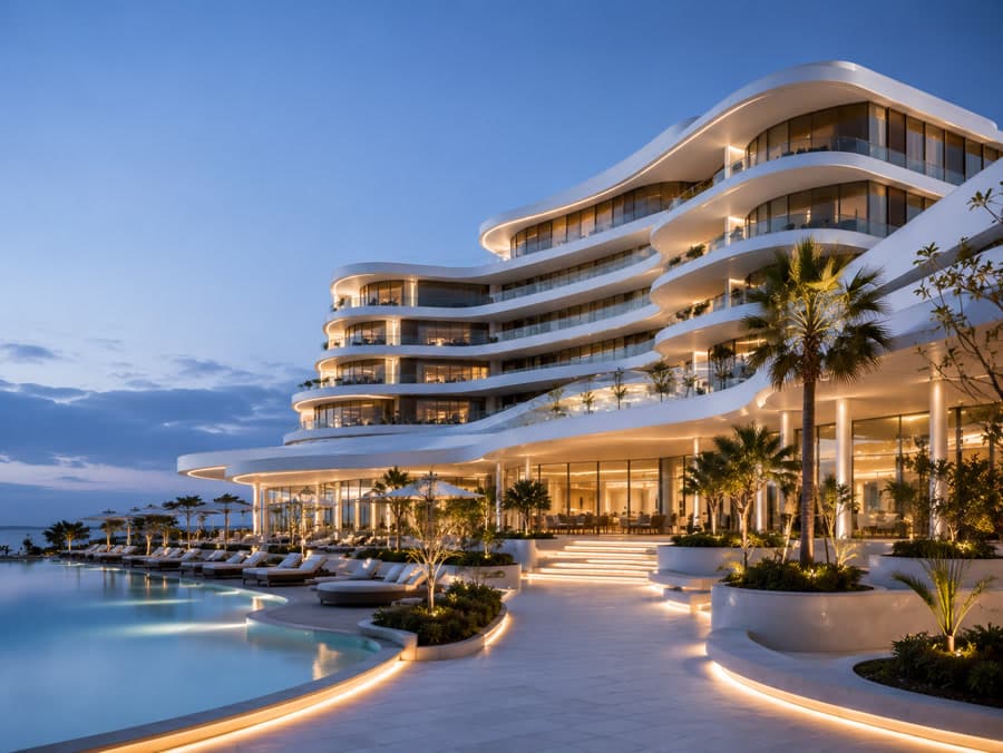 A resort pool deck below a terraced hotel at dusk