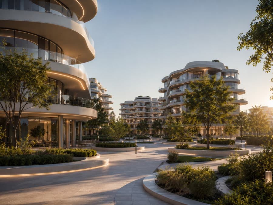 Residential buildings around a landscaped courtyard