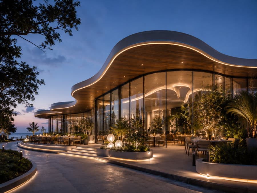 A restaurant pavilion lit from within at dusk