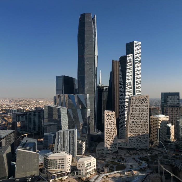 A financial district skyline of glass towers
