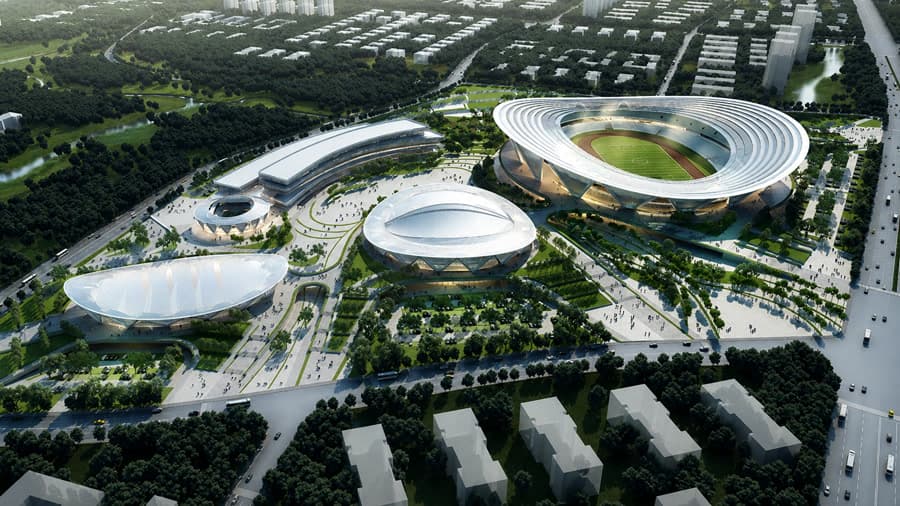 An aerial view of a team headquarters campus and its training fields