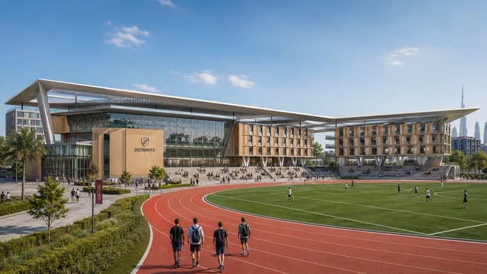 A university campus building behind a running track